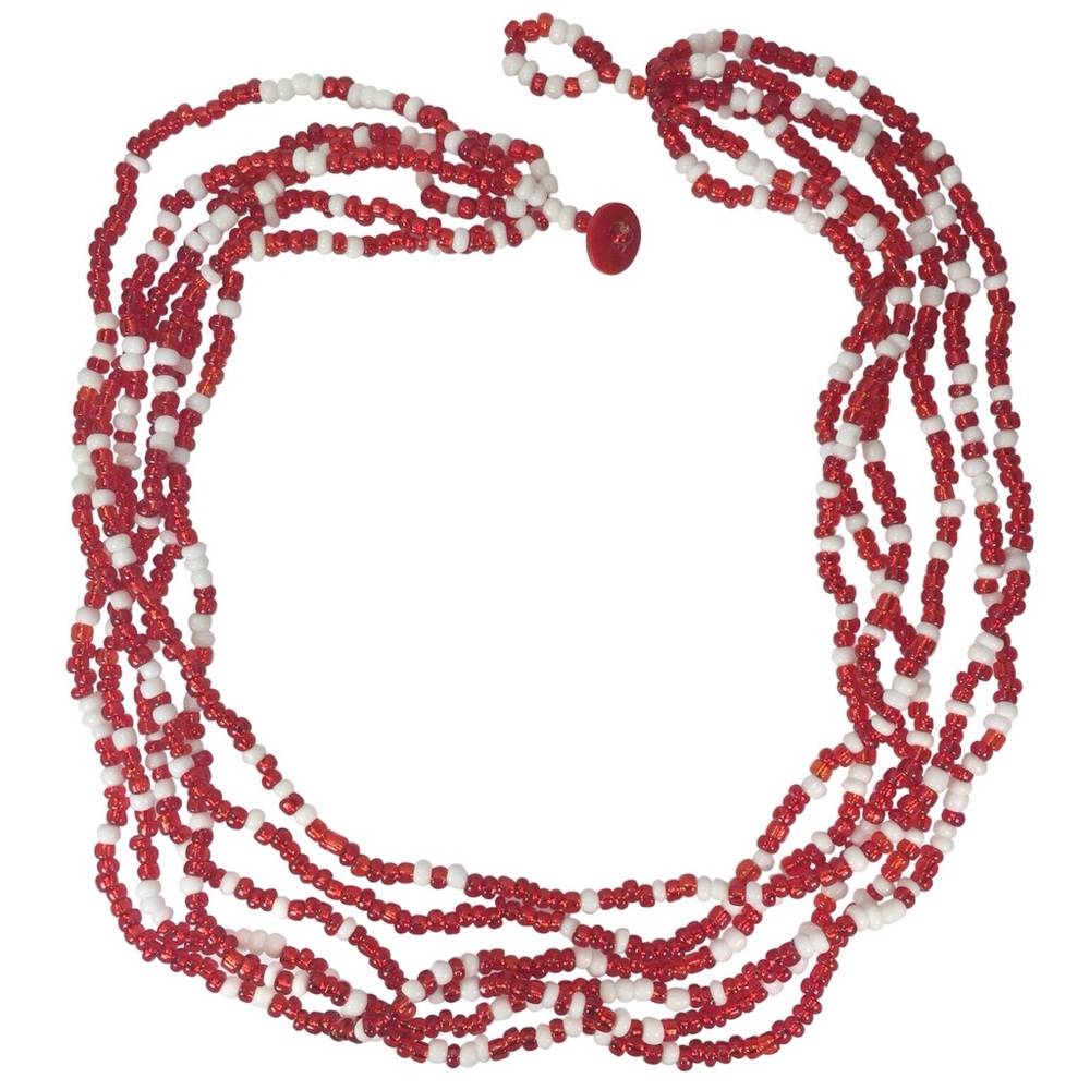 Red & White Seed Bead Random Handmade Layered Multi Strand Statement Necklace
